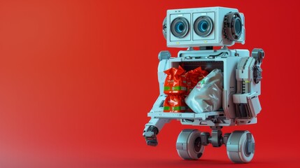 Fototapeta premium A robot with an open compartment revealing grocery bags inside