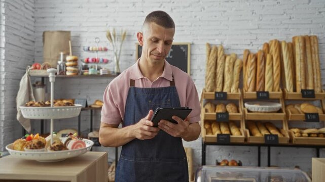 Young man working in a bakery shop surrounded by assorted breads and pastries while using a tablet.