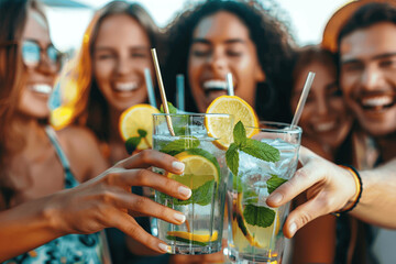 Diverse friends sharing mojitos at rooftop bar - Celebrating summer party with fresh cocktails and laughter - Group of people enjoying happy hour outside