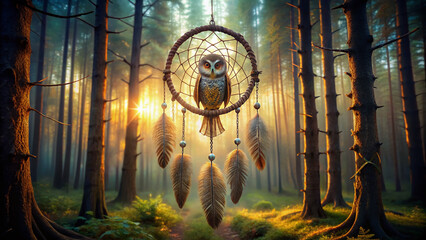 a dream catcher with an owl motif in the dawn forest 4k, high detailed, full ultra HD, High resolution