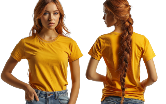 Two yellow T-shirts are displayed on the front and back of the mannequin. white background