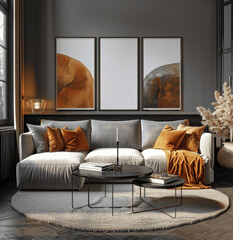 Elegant Sofa with Poster Frames in Contemporary Dark Living Room