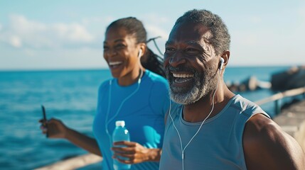 joyful senior African-American couple enjoying a seaside walk and chat after exercise. Elderly fitness, technology, and happiness concepts on a sunny day by the sea.
