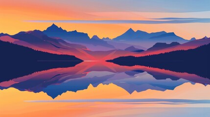 Illustration minimalist of serene mountain range at sunset with vibrant orange and pink hues in the sky, reflected in a calm lake below.