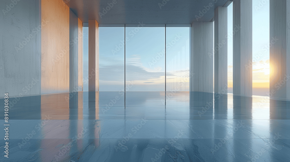 Poster 3d render of futuristic modern architecture with reflective concrete floor and large glass windows