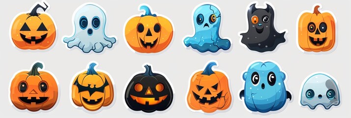 Naklejka premium Vibrant Collection of Rhinestone Halloween Stickers Featuring Glittery Pumpkins, Bats, and Spiders on a Stark White Background