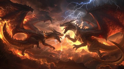 Fototapeta premium Two colossal dragons wreathed in elemental fury, battling amidst a storm of lightning and fire.