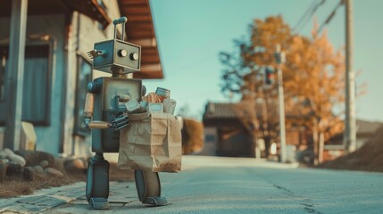 A robot carrying a grocery bag filled with dairy products to a house