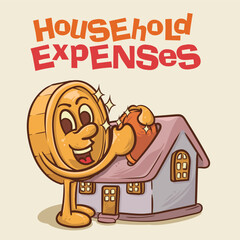 household expenses concept. shine coin mascot with face in front of house concept.vintage style money mascot cartoon character vector illustration