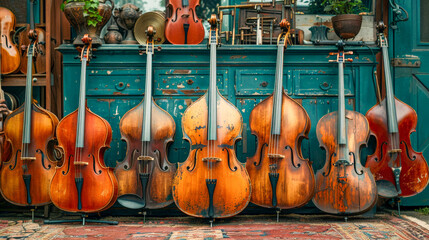 Naklejka premium Row of Vintage Double Basses on Display