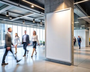 Modern Office Interior with Blank Billboard and Blurred People in Motion.
