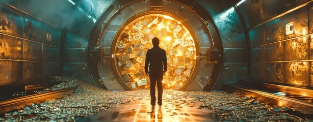 Silhouette of a man standing before a large, glowing vault door.