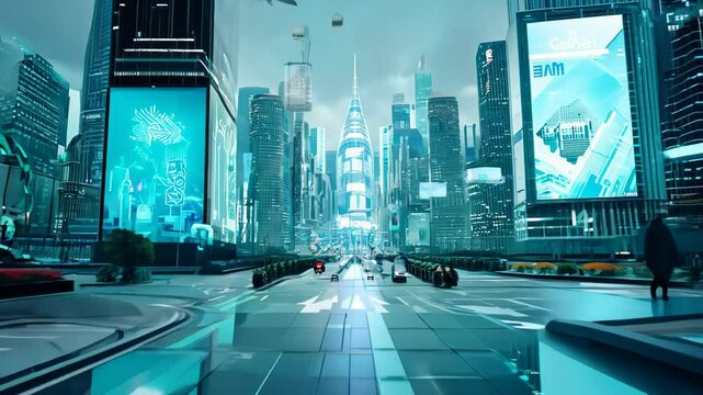 Wide-angle shot: Futuristic metropolis bathes in blue neon glow. Towering skyscrapers frame bustling street. Robots and humans coexist, moving through high-tech urban landscape. 