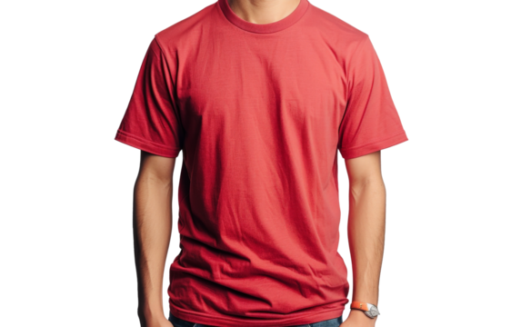 Two red t-shirts are displayed on the front and back of the mannequin. white background  - Powered by Adobe