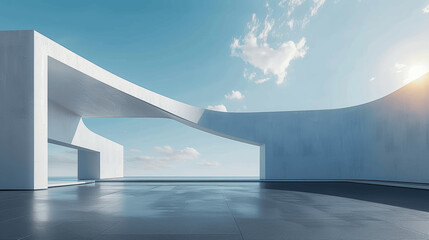 3D render of abstract futuristic architecture with empty black floor and blue sky. Scene for car presentation and showcase.