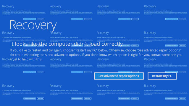 creative asbtract of many computer screens are not working, recovery, it looks like the computer did not load correctly, restart computer, fictional blue screen of death error bug message