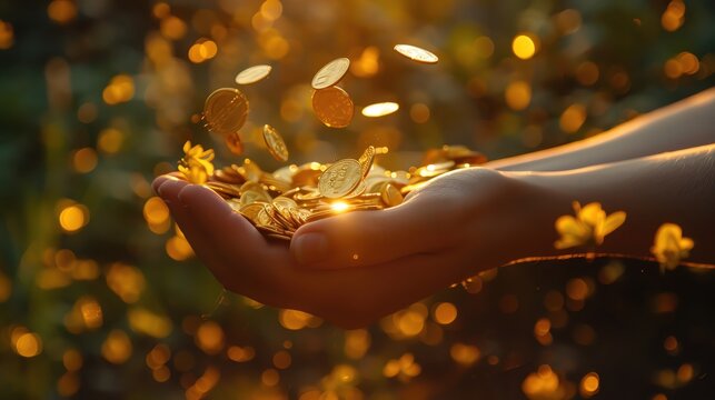 Open hands catching falling gold coins with a sunset glow.