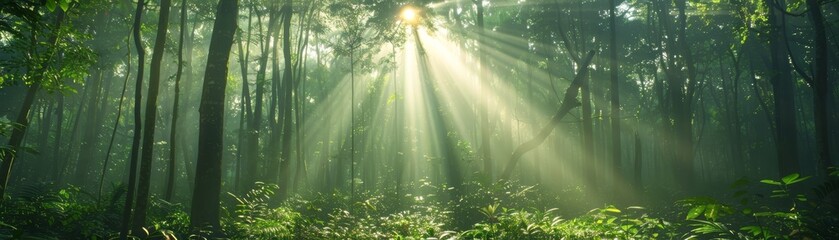 Obraz premium Sunlight Rays Through Lush Forest Trees