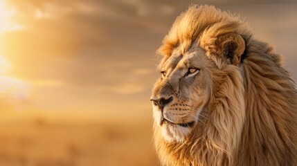 majestic lion with a thick, flowing mane standing in a sunlit savanna, with a golden fur shimmering