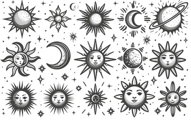Sun Thin Icon Set. Outline icons collection. Vector illustration white background
