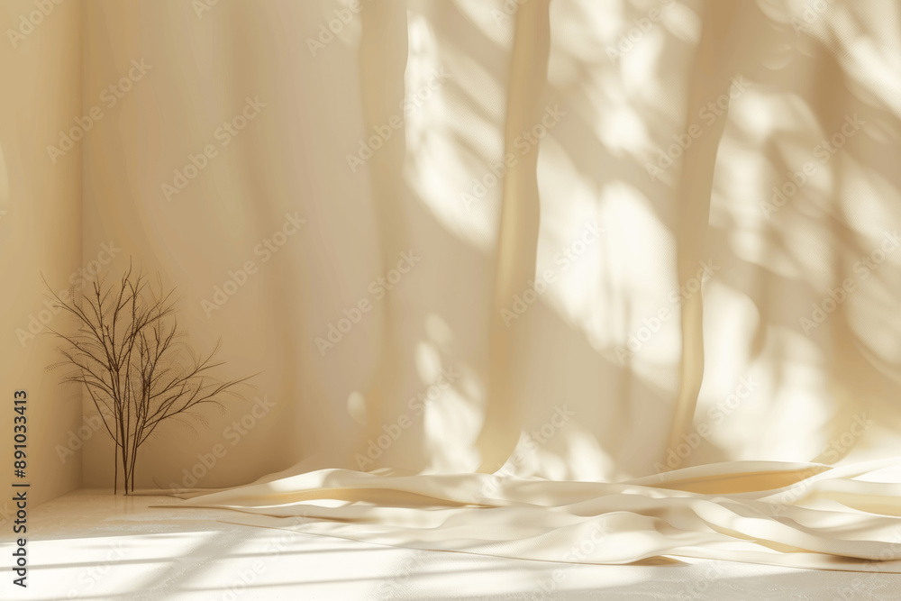 Poster minimalistic light beige background with window shadows and vegetation for product presentation