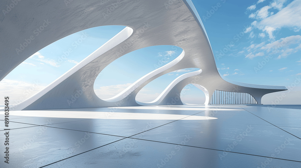 Poster 3d render of futuristic minimal architecture with white curves and arches empty concrete floor and b