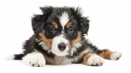 Fototapeta premium Close-up portrait of a six-week old tri-colored Australian Shepherd puppy on a simple white background.