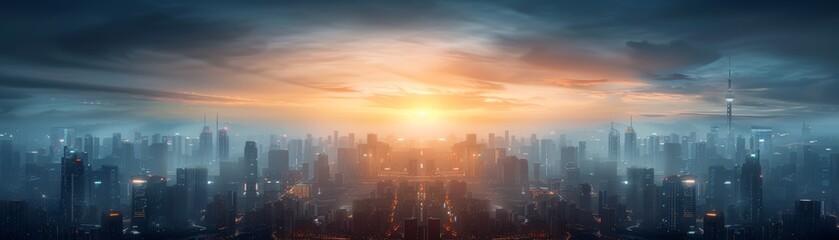 Fototapeta premium Sunset Over Futuristic City Skyline