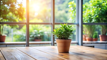 Fototapeta premium Green Plant on Wooden Table Near Window with Blurred Garden View.