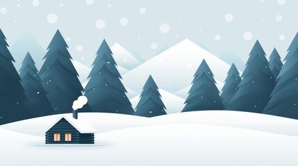 Fototapeta premium Snowy winter scene with a cozy log cabin, smoke rising from the chimney, surrounded by tall, textured pine trees
