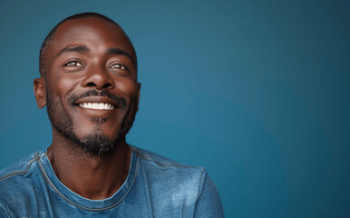 Fototapeta premium Happy smiling bald African American man laughing in bright blue shirt isolated on cyan background studio shot