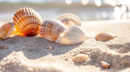 sunlit beach with colorful seashells and textured sand dunes
