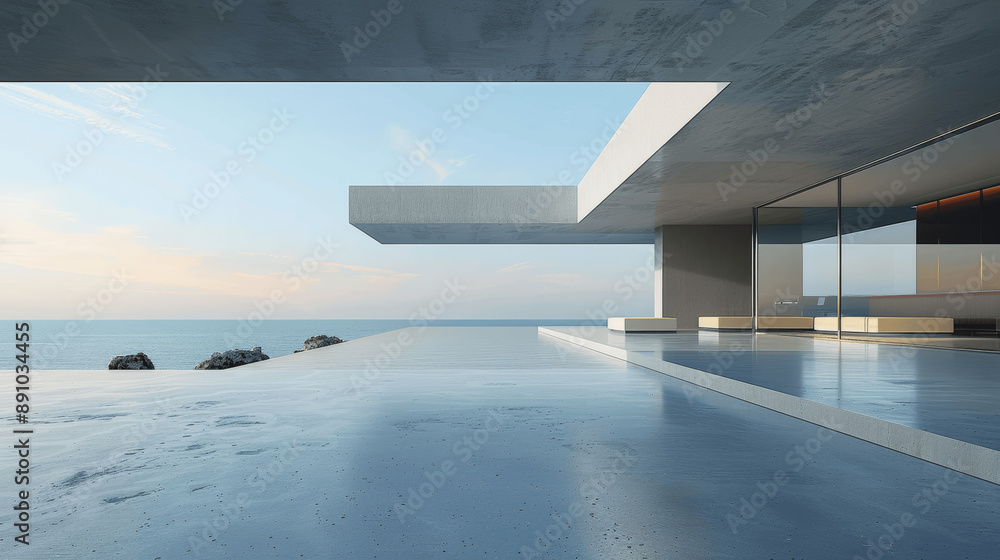 Poster 3d render of modern minimalist concrete architecture with open space and sea background