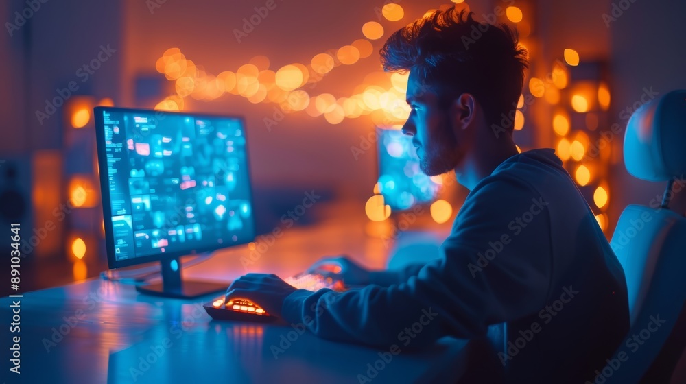 Poster man working on computer in dark room