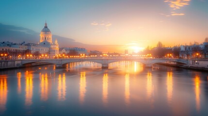 Fototapeta premium Sunset Over Paris River with Bridge