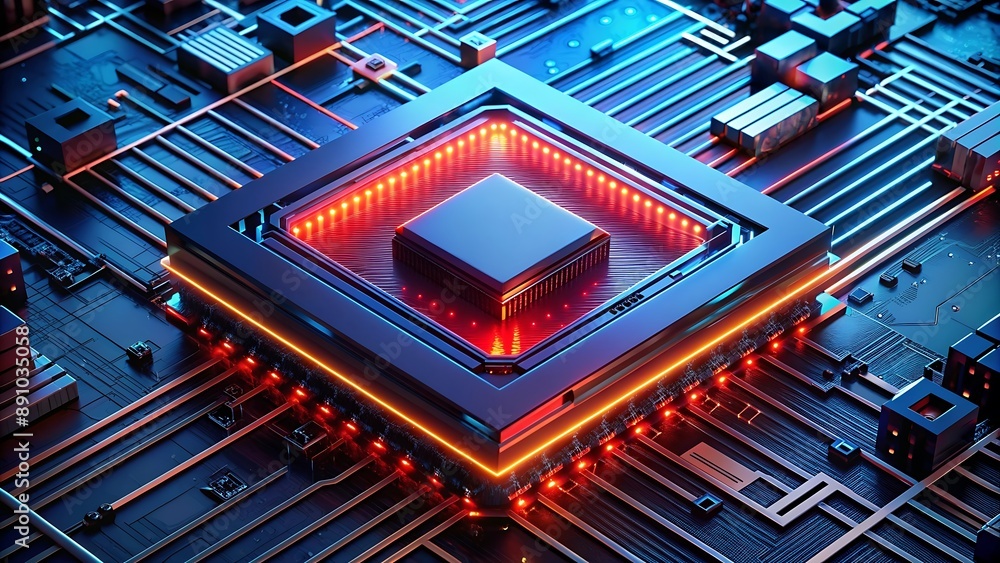 Poster futuristic circuit board with glowing processor.