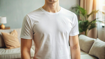 Fototapeta premium man in a white mockup t shirt on living room