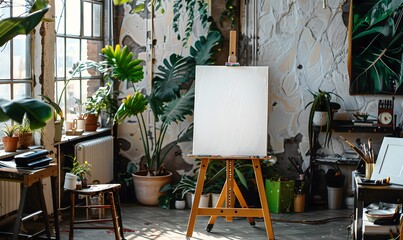 mockup blank canvas on wooden frame, positioned in artist studio for showcasing artwork concepts