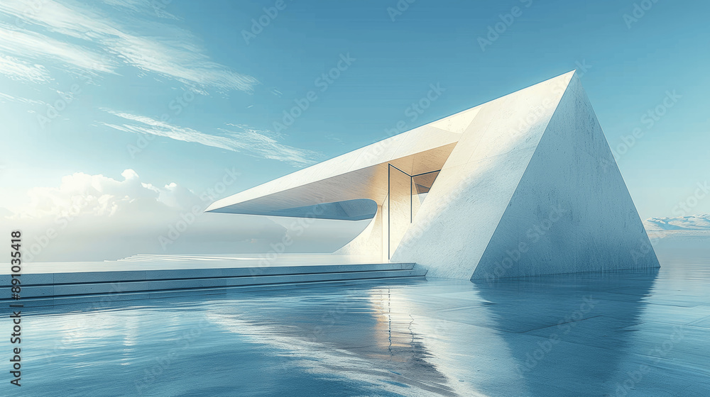 Poster 3d render of modern abstract architecture with concrete floor and blue sky background
