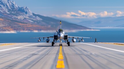 Obraz premium Fighter Jet on Runway with Mountain View