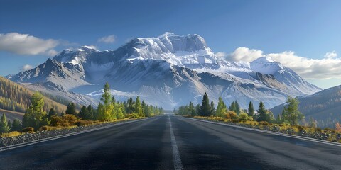 Fototapeta premium Smooth asphalt road with majestic mountain peaks and clear blue sky
