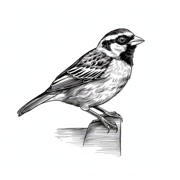 recommend clip art: Black and white Vintage engraved art of a sparrow isolated on white background, ink sketch illustration, simple vector art design, highly detailed line art, high contrasty