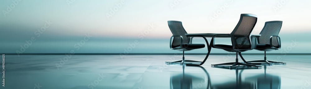 Poster a black chair is sitting at a table with a glass window behind it. the scene has a calm and peaceful