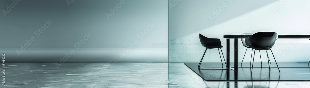 Poster a black chair is sitting at a table with a glass window behind it. the scene has a calm and peaceful