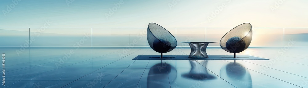 Poster a black chair is sitting at a table with a glass window behind it. the scene has a calm and peaceful