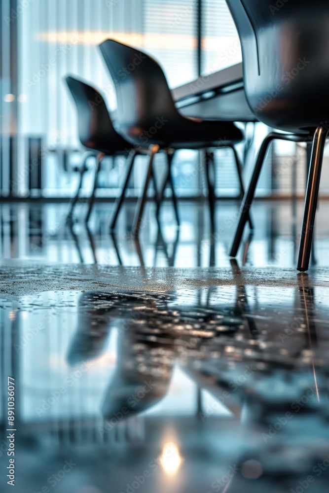 Poster a black chair is sitting at a table with a glass window behind it. the scene has a calm and peaceful