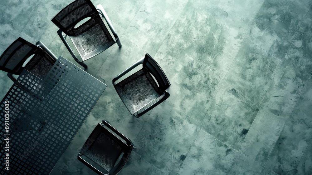 Poster a black chair is sitting at a table with a glass window behind it. the scene has a calm and peaceful