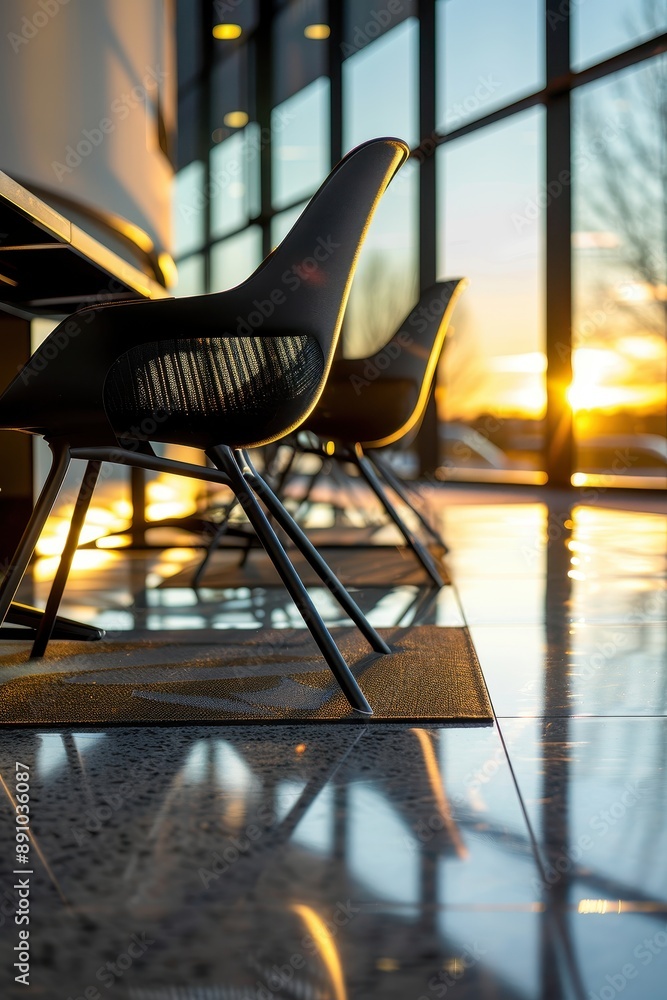 Poster a black chair is sitting at a table with a glass window behind it. the scene has a calm and peaceful