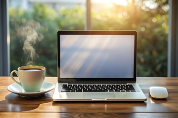 Fototapeta premium Laptop, Coffee, and Mouse on Wooden Desk.