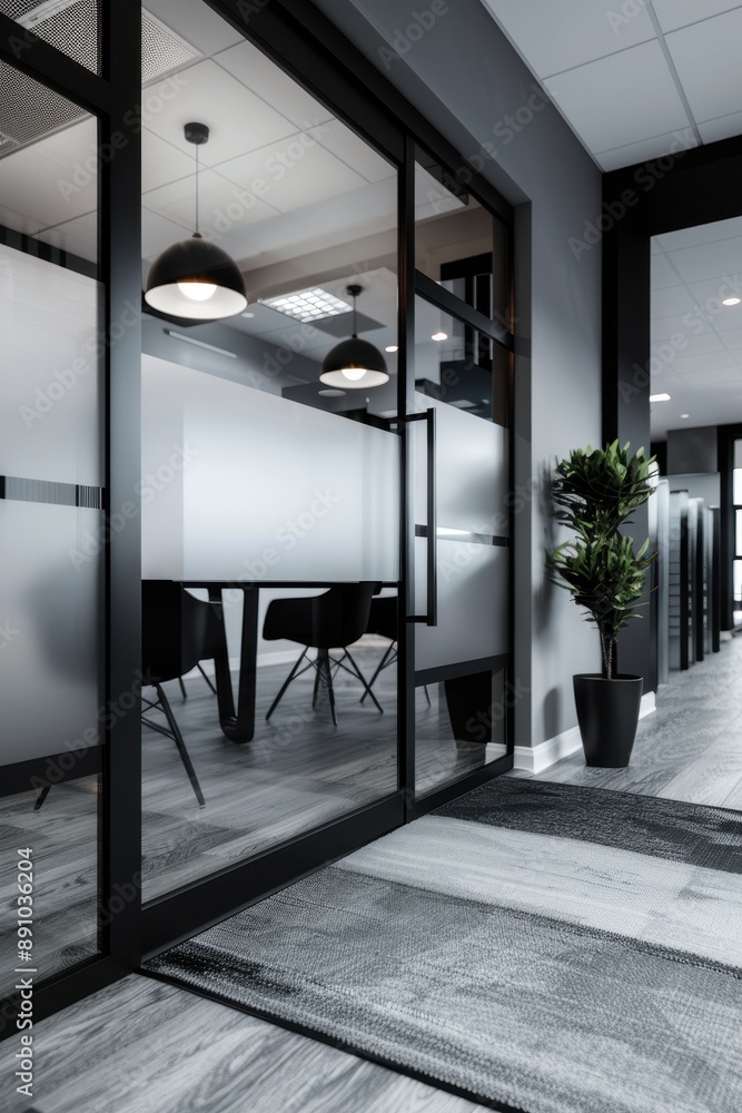Poster a black chair is sitting at a table with a glass window behind it. the scene has a calm and peaceful